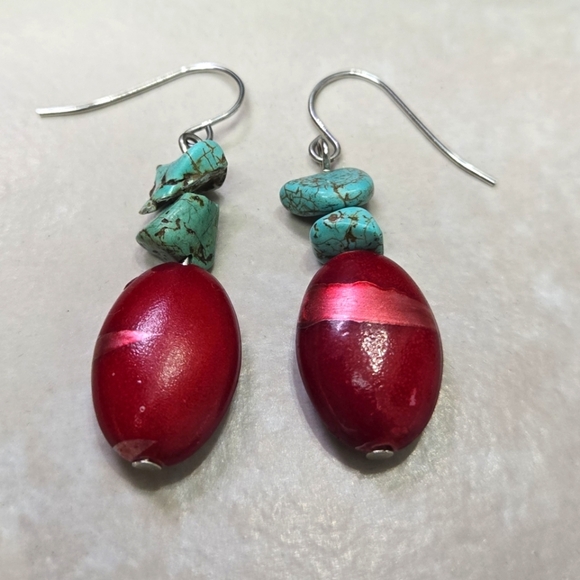 Vintage Red Bead and Turquoise Dangle Earrings Inclued Extra 925 Silver Hooks - Picture 14 of 17